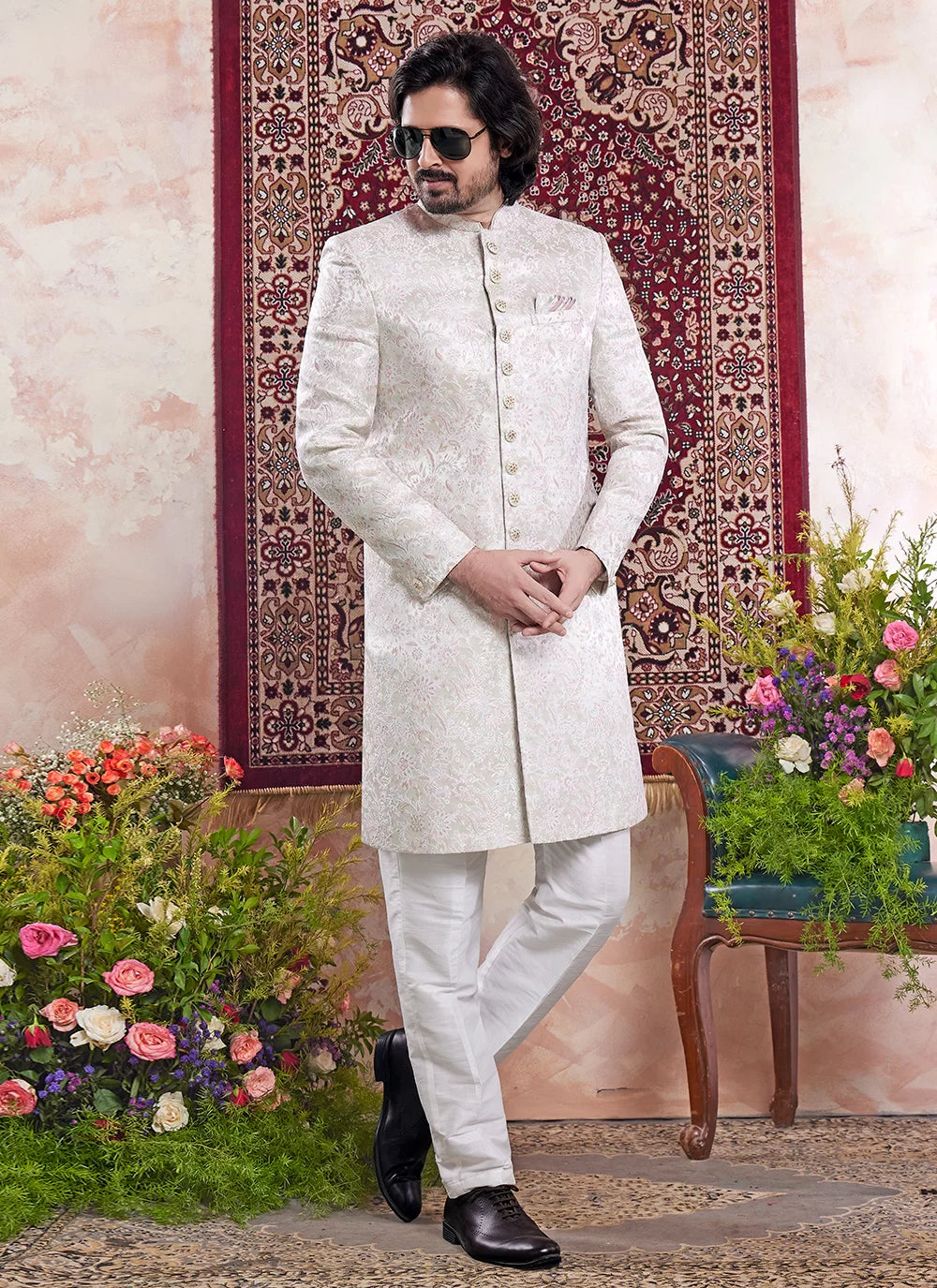 Raivat Ethnic Banarasi Jacquard Embroidery Indo Western Sherwani In Green Colour