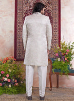 Raivat Ethnic Banarasi Jacquard Embroidery Indo Western Sherwani In Green Colour