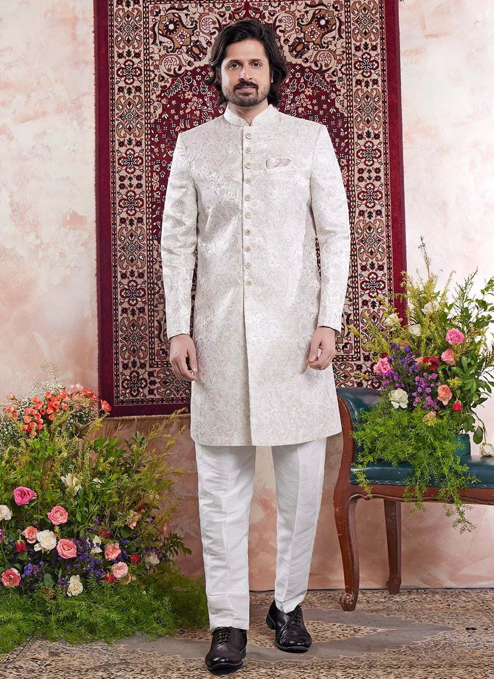 Raivat Ethnic Banarasi Jacquard Embroidery Indo Western Sherwani In Green Colour