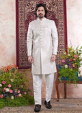 Raivat Ethnic Banarasi Jacquard Embroidery Indo Western Sherwani In Green Colour