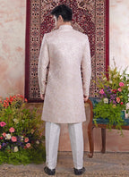 Raivat Ethnic Banarasi Jacquard Embroidery Indo Western Sherwani In Peach Pink Colour