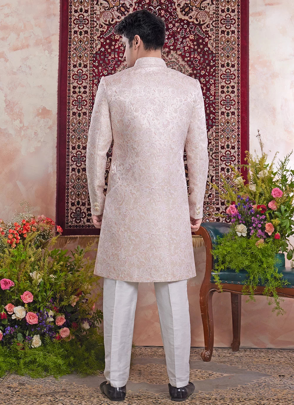 Raivat Ethnic Banarasi Jacquard Embroidery Indo Western Sherwani In Peach Pink Colour