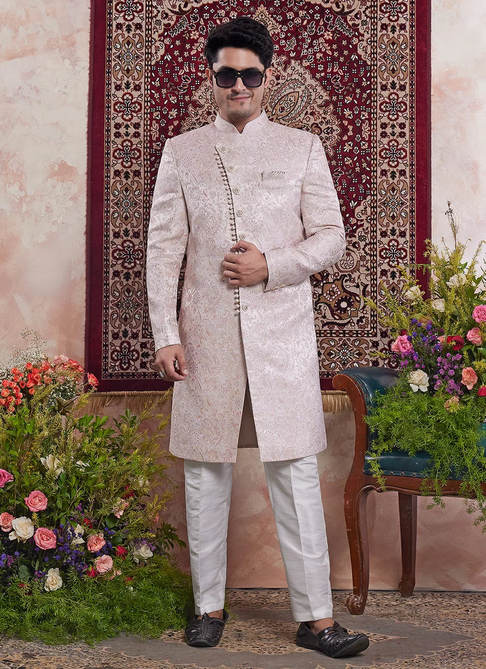 Raivat Ethnic Banarasi Jacquard Embroidery Indo Western Sherwani In Peach Pink Colour