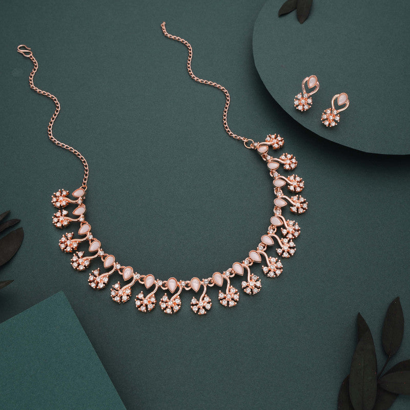Tehzeeb Creations Rose Gold-Polished White Choker Necklace With Dangle Earrings