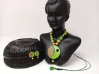 Terracotta Boho Style Mini Necklace Set With Hangings-Green And Gold