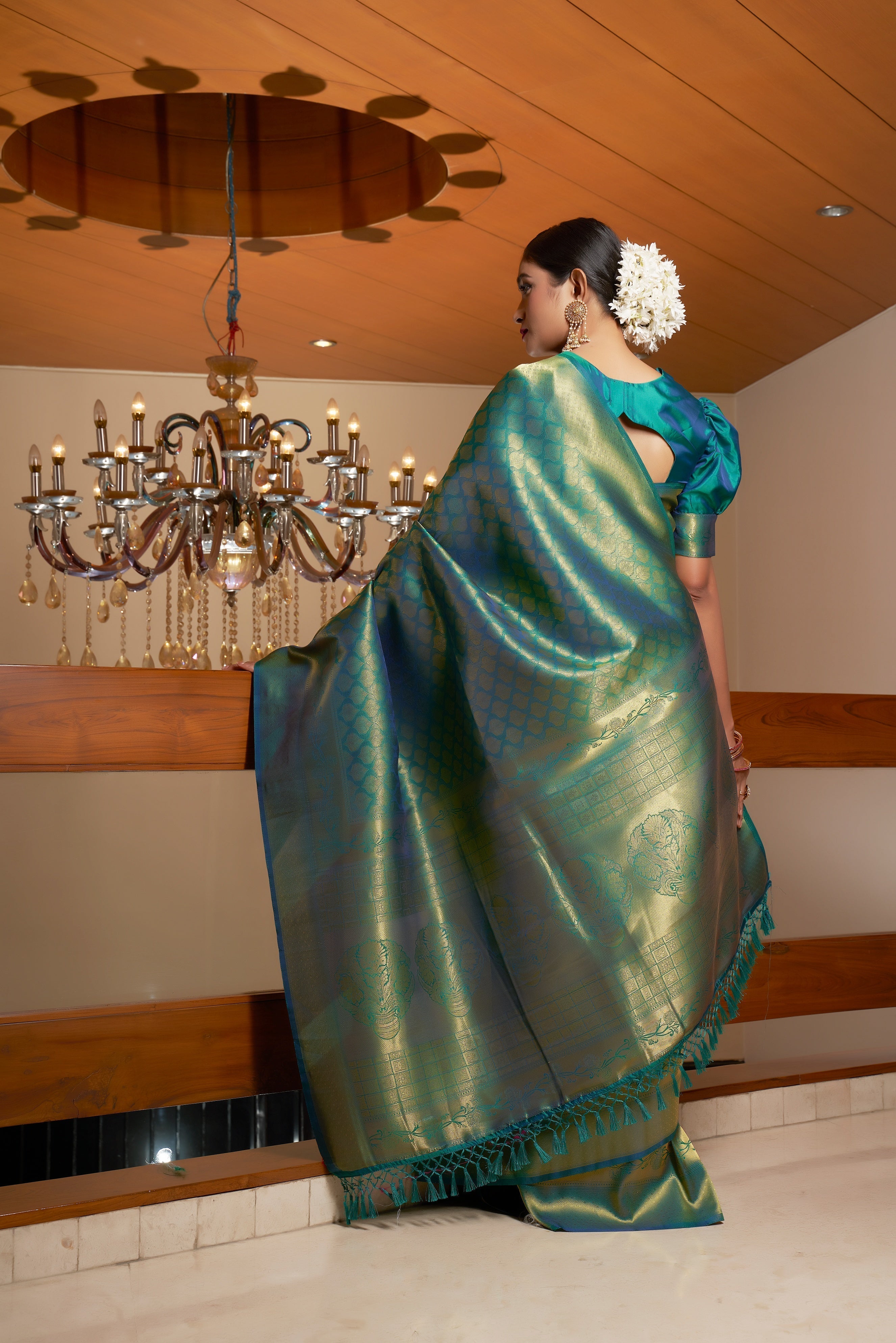 Vardha Pine Green Golden Zari Kanjeevaram Silk Saree