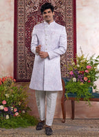 Raivat Ethnic Banarasi Jacquard Embroidery Indo Western Sherwani In Blue Colour