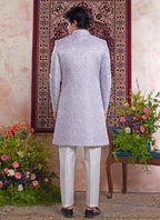Raivat Ethnic Banarasi Jacquard Embroidery Indo Western Sherwani In Blue Colour