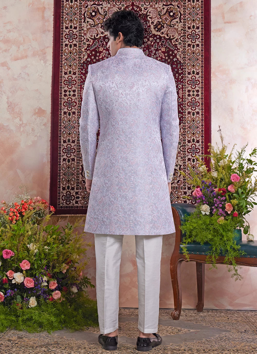 Raivat Ethnic Banarasi Jacquard Embroidery Indo Western Sherwani In Blue Colour