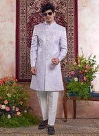 Raivat Ethnic Banarasi Jacquard Embroidery Indo Western Sherwani In Blue Colour