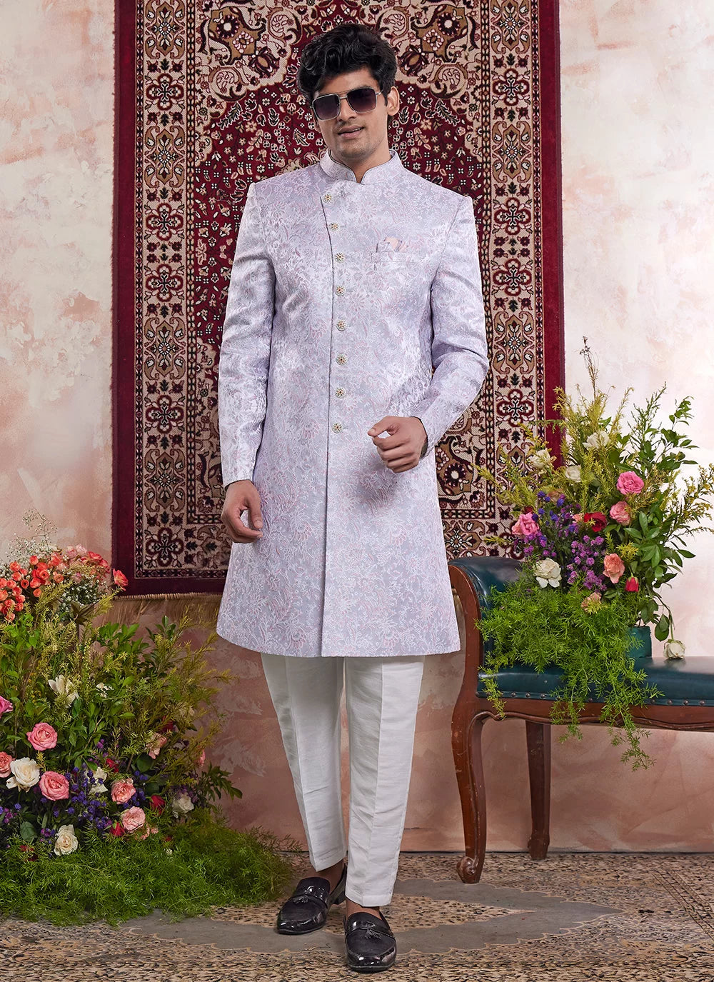 Raivat Ethnic Banarasi Jacquard Embroidery Indo Western Sherwani In Blue Colour