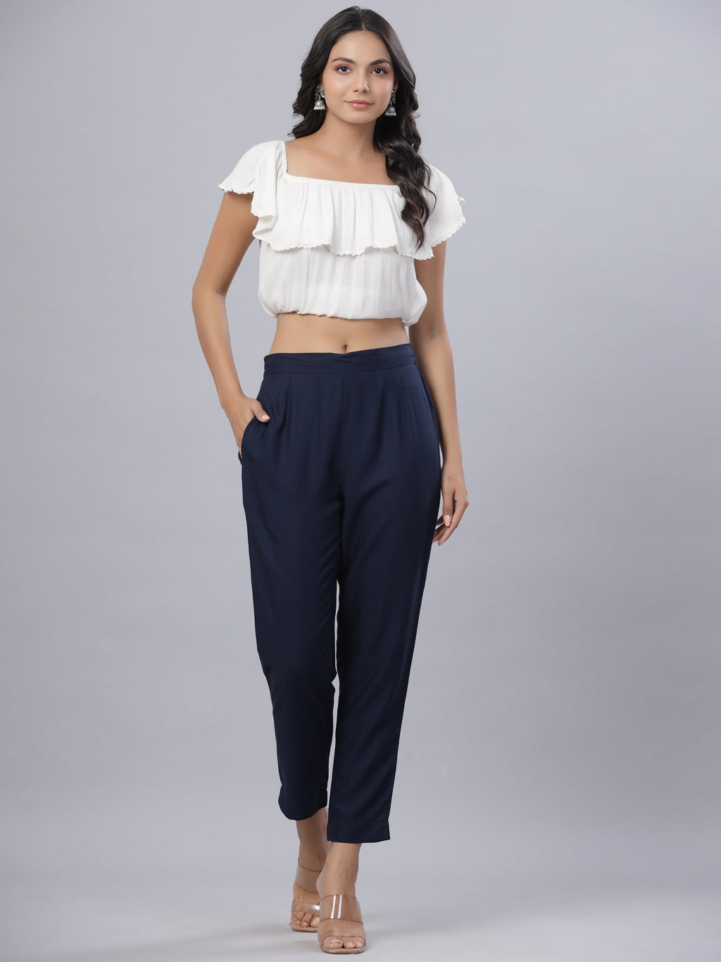 Juniper Navy Soild Liva Rayon Pants With A Pocket
