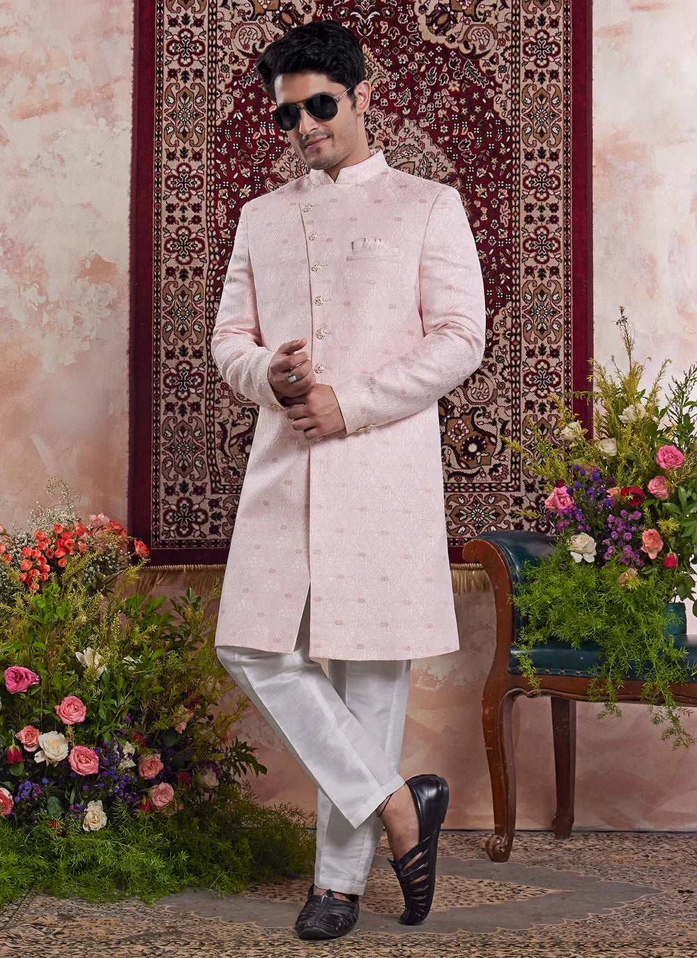 Raivat Ethnic Banarasi Jacquard Embroidery Indo Western Sherwani In Pink Colour