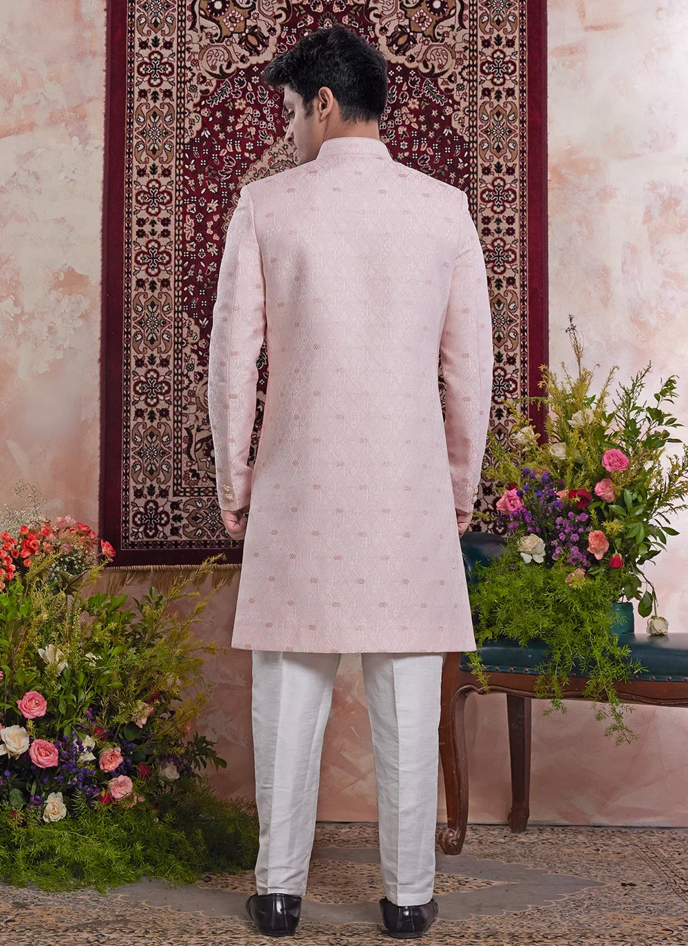 Raivat Ethnic Banarasi Jacquard Embroidery Indo Western Sherwani In Pink Colour