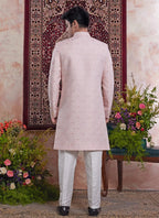 Raivat Ethnic Banarasi Jacquard Embroidery Indo Western Sherwani In Pink Colour