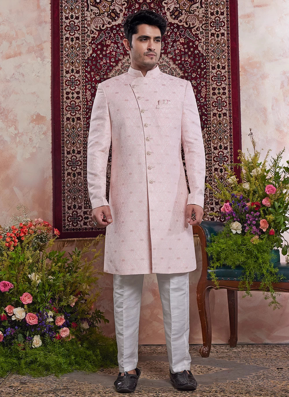 Raivat Ethnic Banarasi Jacquard Embroidery Indo Western Sherwani In Pink Colour
