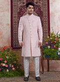 Raivat Ethnic Banarasi Jacquard Embroidery Indo Western Sherwani In Pink Colour