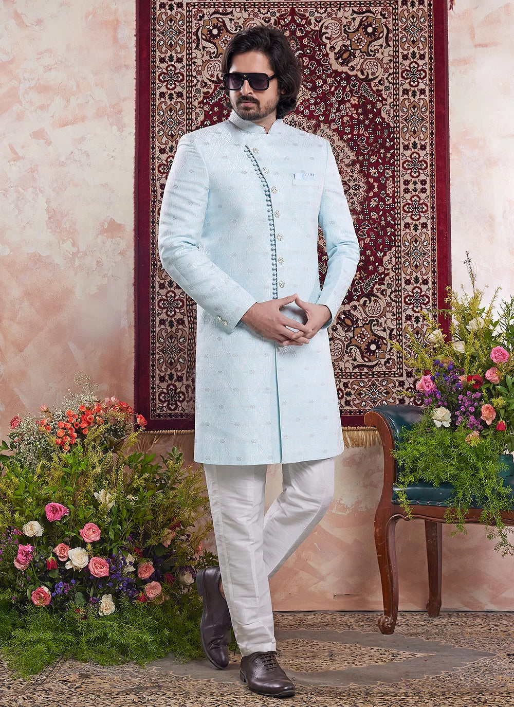 Raivat Ethnic Banarasi Jacquard Embroidery Indo Western Sherwani In Sky Blue Colour