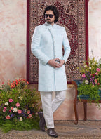 Raivat Ethnic Banarasi Jacquard Embroidery Indo Western Sherwani In Sky Blue Colour