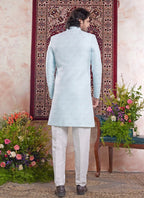 Raivat Ethnic Banarasi Jacquard Embroidery Indo Western Sherwani In Sky Blue Colour