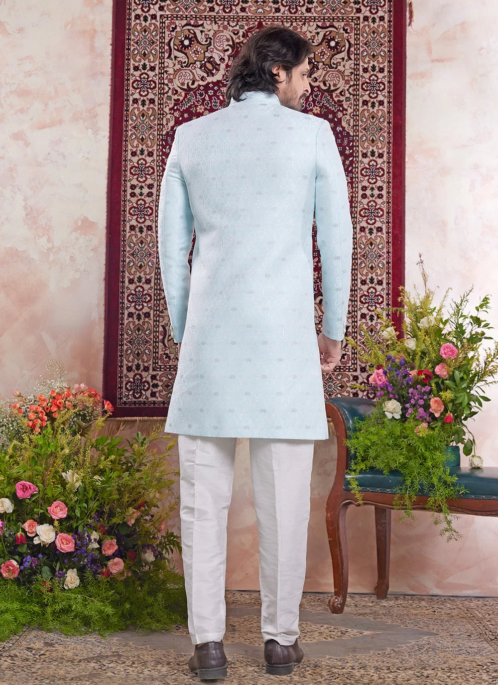 Raivat Ethnic Banarasi Jacquard Embroidery Indo Western Sherwani In Sky Blue Colour