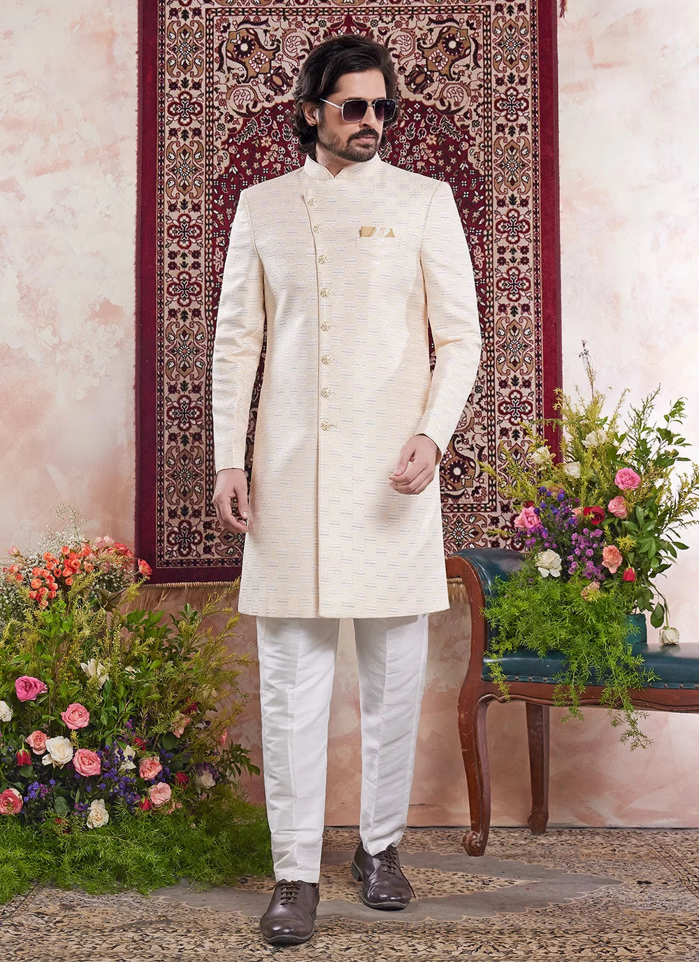 Raivat Ethnic Banarasi Jacquard Embroidery Indo Western Sherwani In Yellow Colour