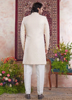 Raivat Ethnic Banarasi Jacquard Embroidery Indo Western Sherwani In Yellow Colour