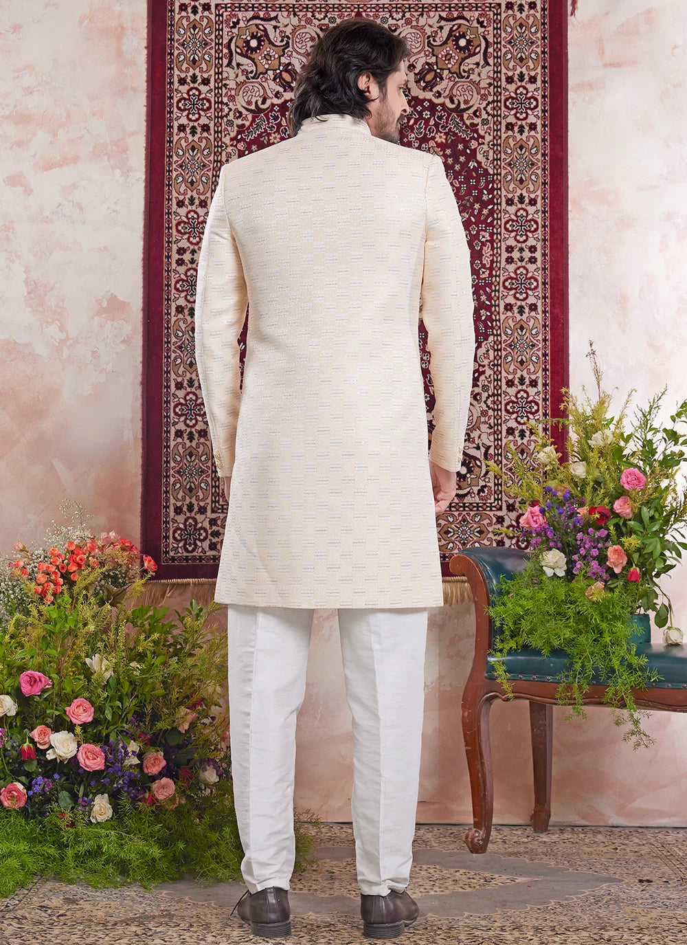 Raivat Ethnic Banarasi Jacquard Embroidery Indo Western Sherwani In Yellow Colour