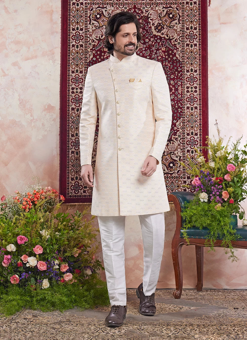 Raivat Ethnic Banarasi Jacquard Embroidery Indo Western Sherwani In Yellow Colour