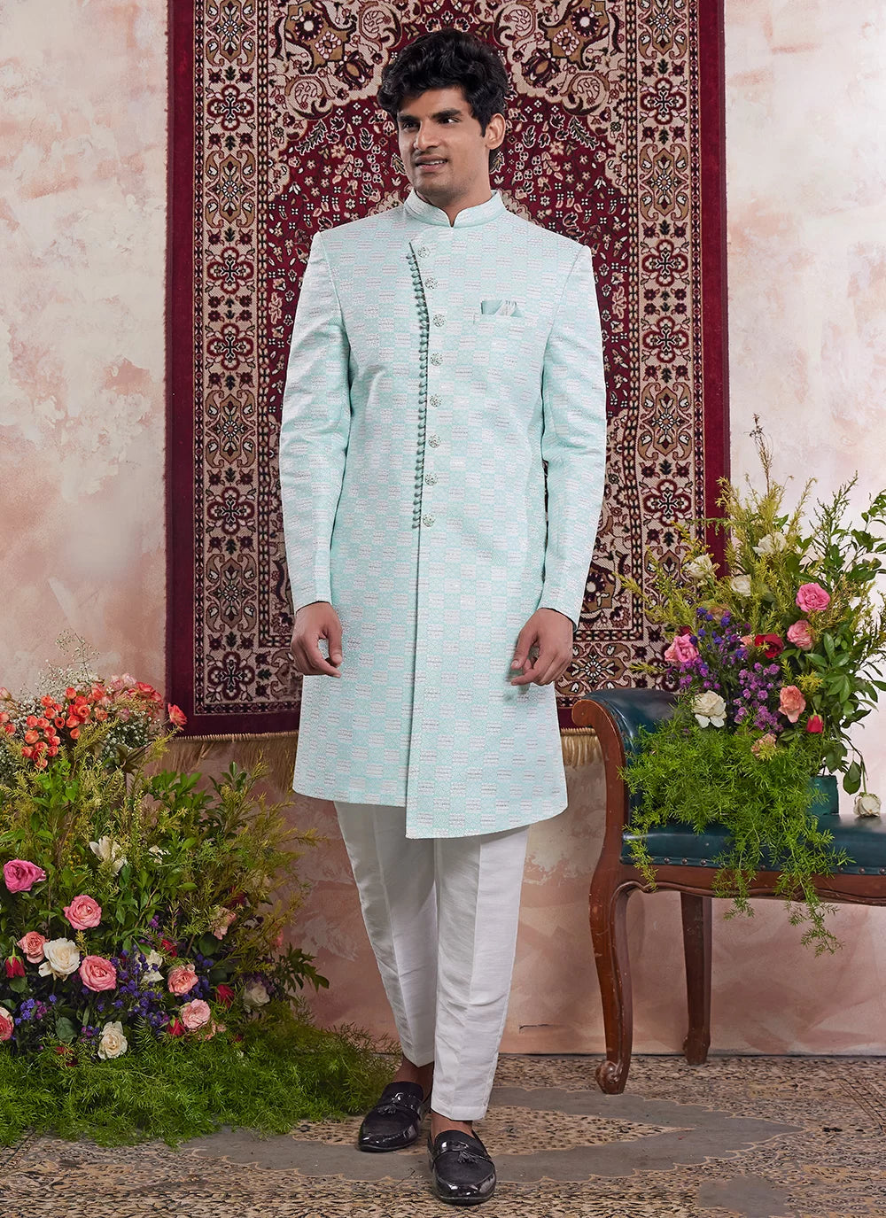 Raivat Ethnic Banarasi Jacquard Embroidery Indo Western Sherwani In Green Colour