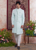 Raivat Ethnic Banarasi Jacquard Embroidery Indo Western Sherwani In Green Colour
