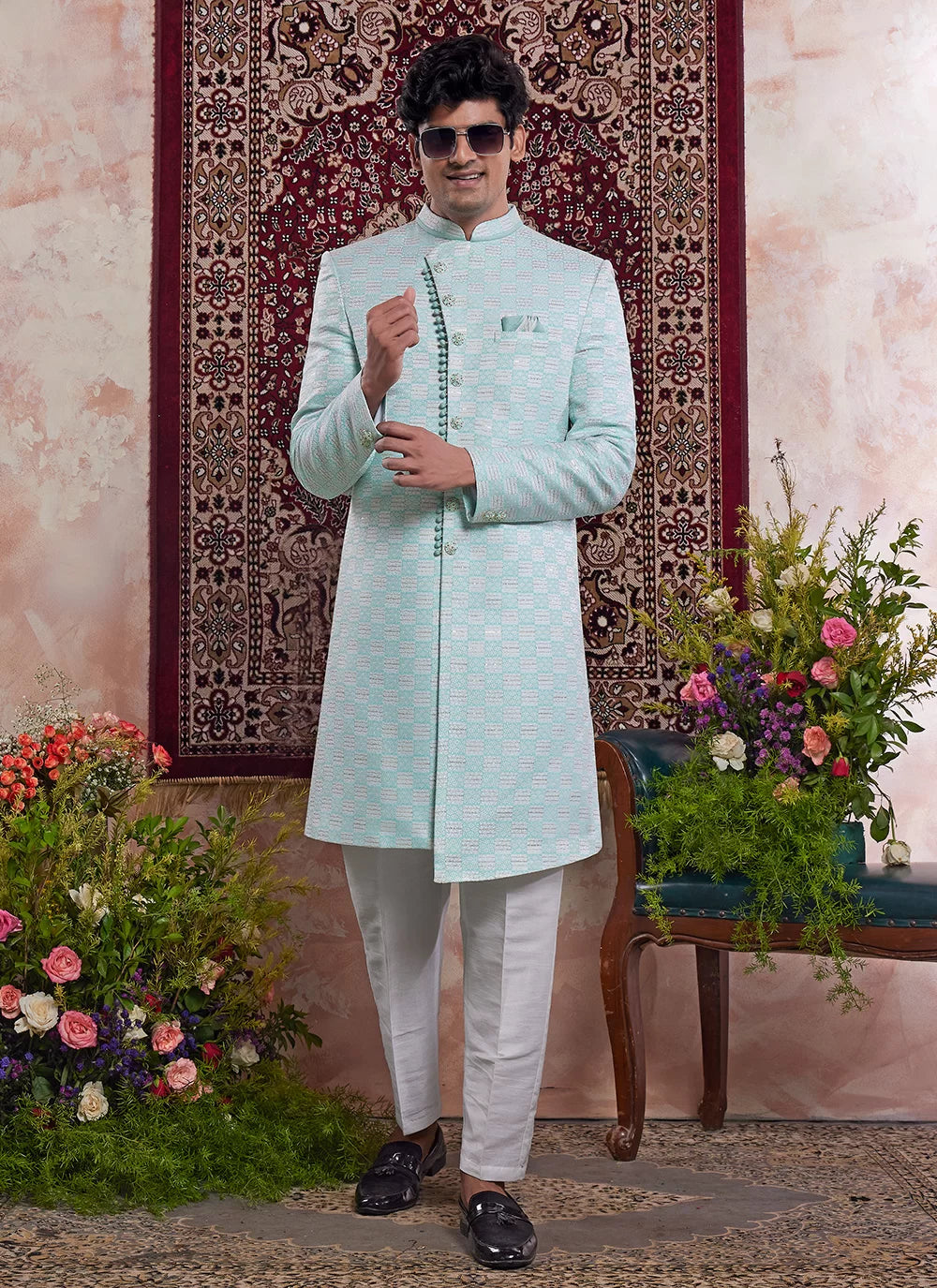 Raivat Ethnic Banarasi Jacquard Embroidery Indo Western Sherwani In Green Colour