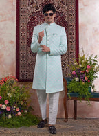 Raivat Ethnic Banarasi Jacquard Embroidery Indo Western Sherwani In Green Colour