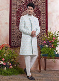 Raivat Ethnic Banarasi Jacquard Embroidery Indo Western Sherwani In Blue Colour