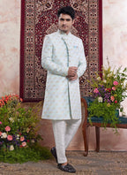 Raivat Ethnic Banarasi Jacquard Embroidery Indo Western Sherwani In Blue Colour