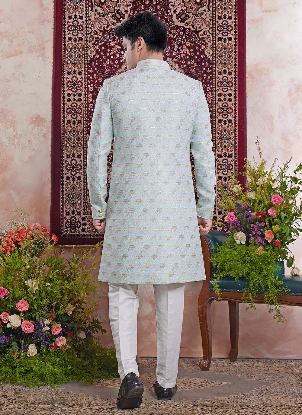 Raivat Ethnic Banarasi Jacquard Embroidery Indo Western Sherwani In Blue Colour