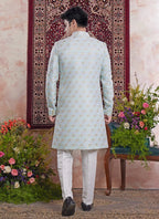 Raivat Ethnic Banarasi Jacquard Embroidery Indo Western Sherwani In Blue Colour