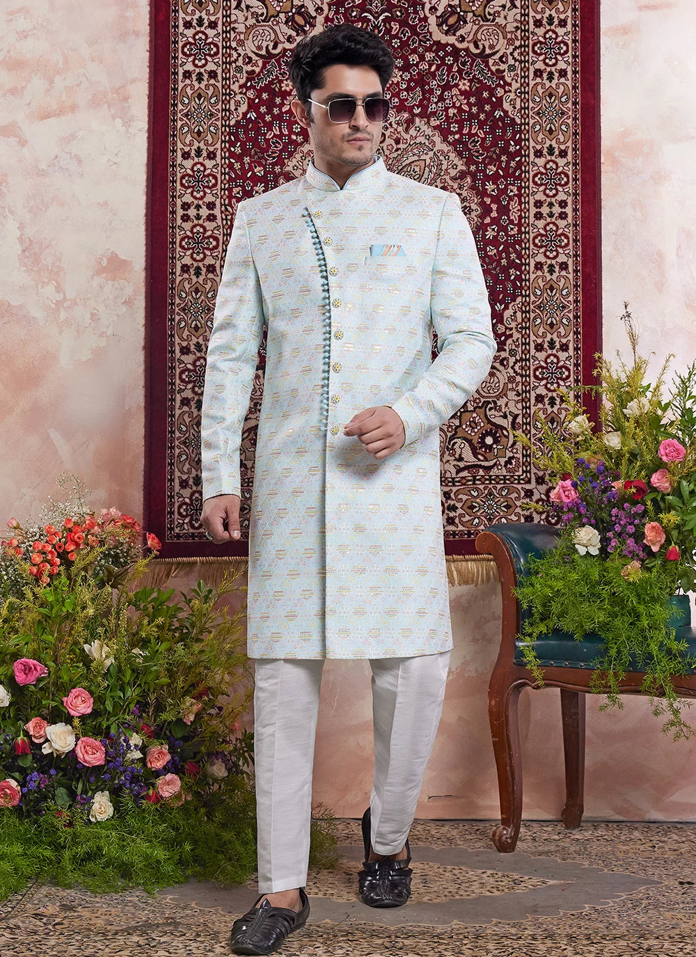 Raivat Ethnic Banarasi Jacquard Embroidery Indo Western Sherwani In Blue Colour