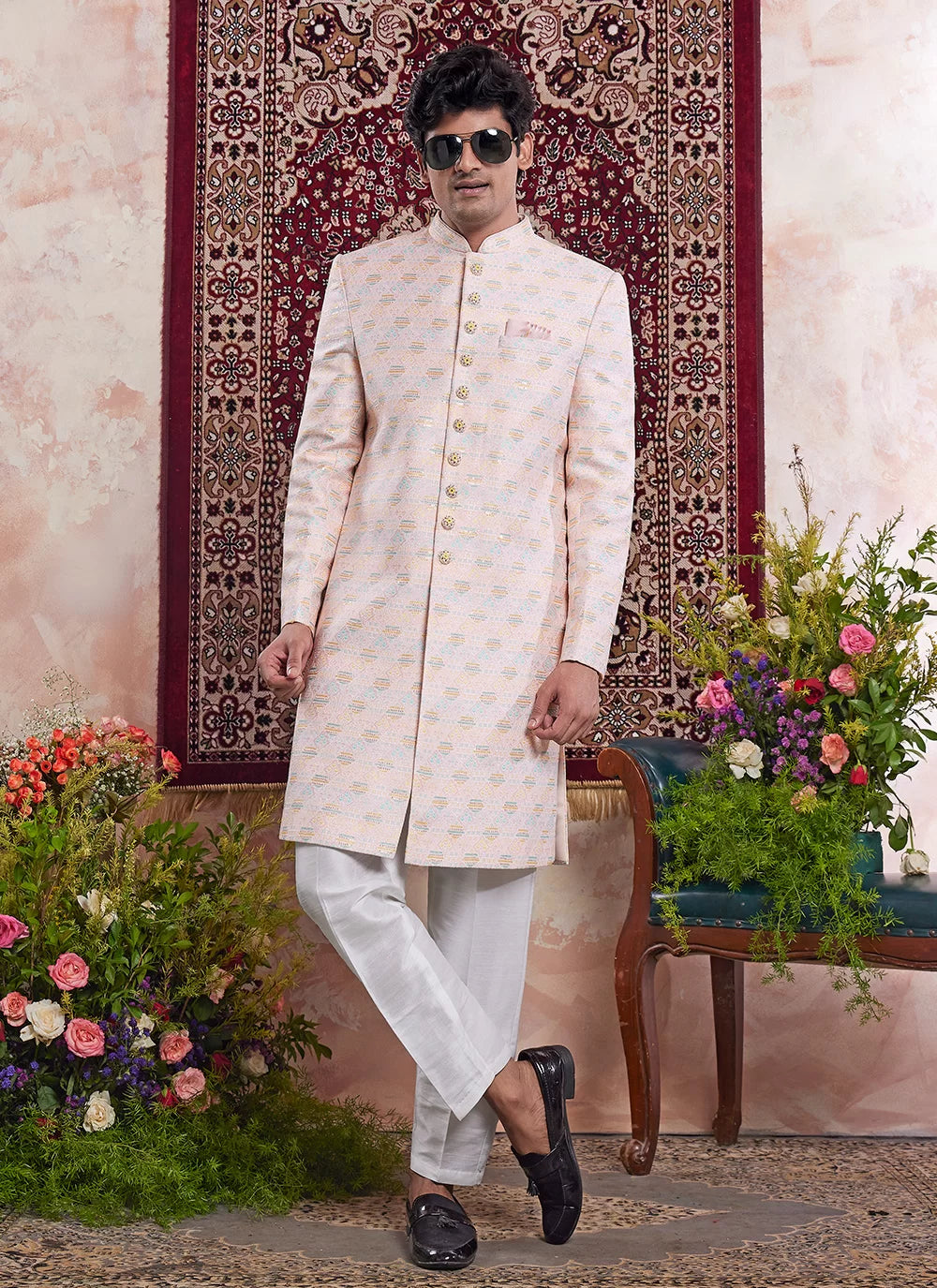 Raivat Ethnic Banarasi Jacquard Embroidery Indo Western Sherwani In Light Orange Colour