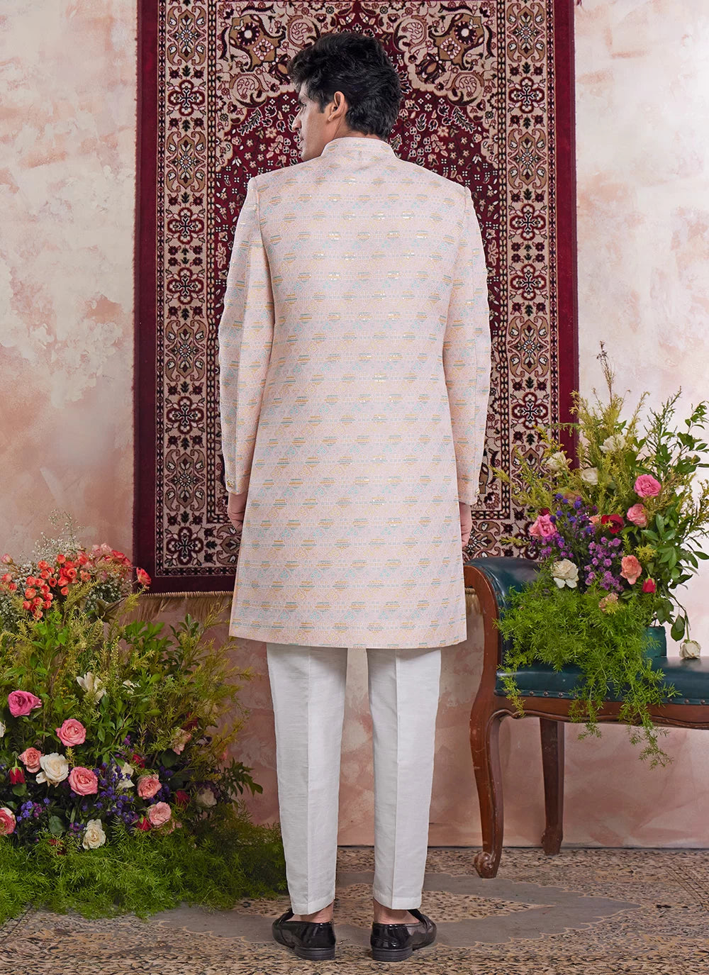 Raivat Ethnic Banarasi Jacquard Embroidery Indo Western Sherwani In Light Orange Colour