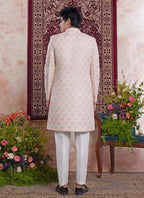 Raivat Ethnic Banarasi Jacquard Embroidery Indo Western Sherwani In Light Orange Colour