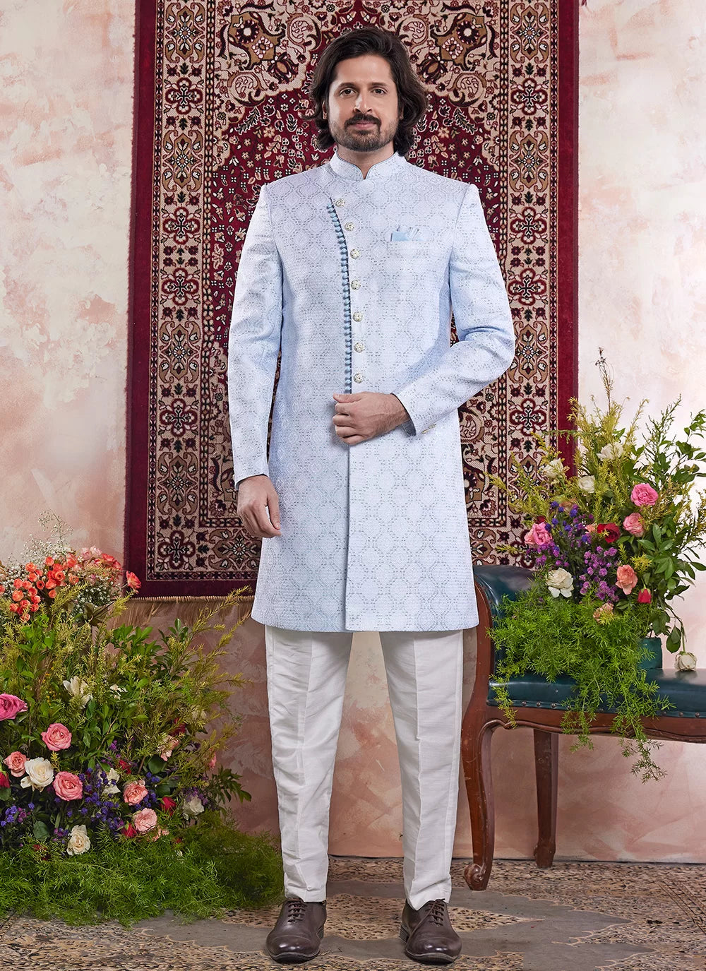 Raivat Ethnic Banarasi Jacquard Embroidery Indo Western Sherwani In Blue Colour