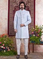 Raivat Ethnic Banarasi Jacquard Embroidery Indo Western Sherwani In Blue Colour