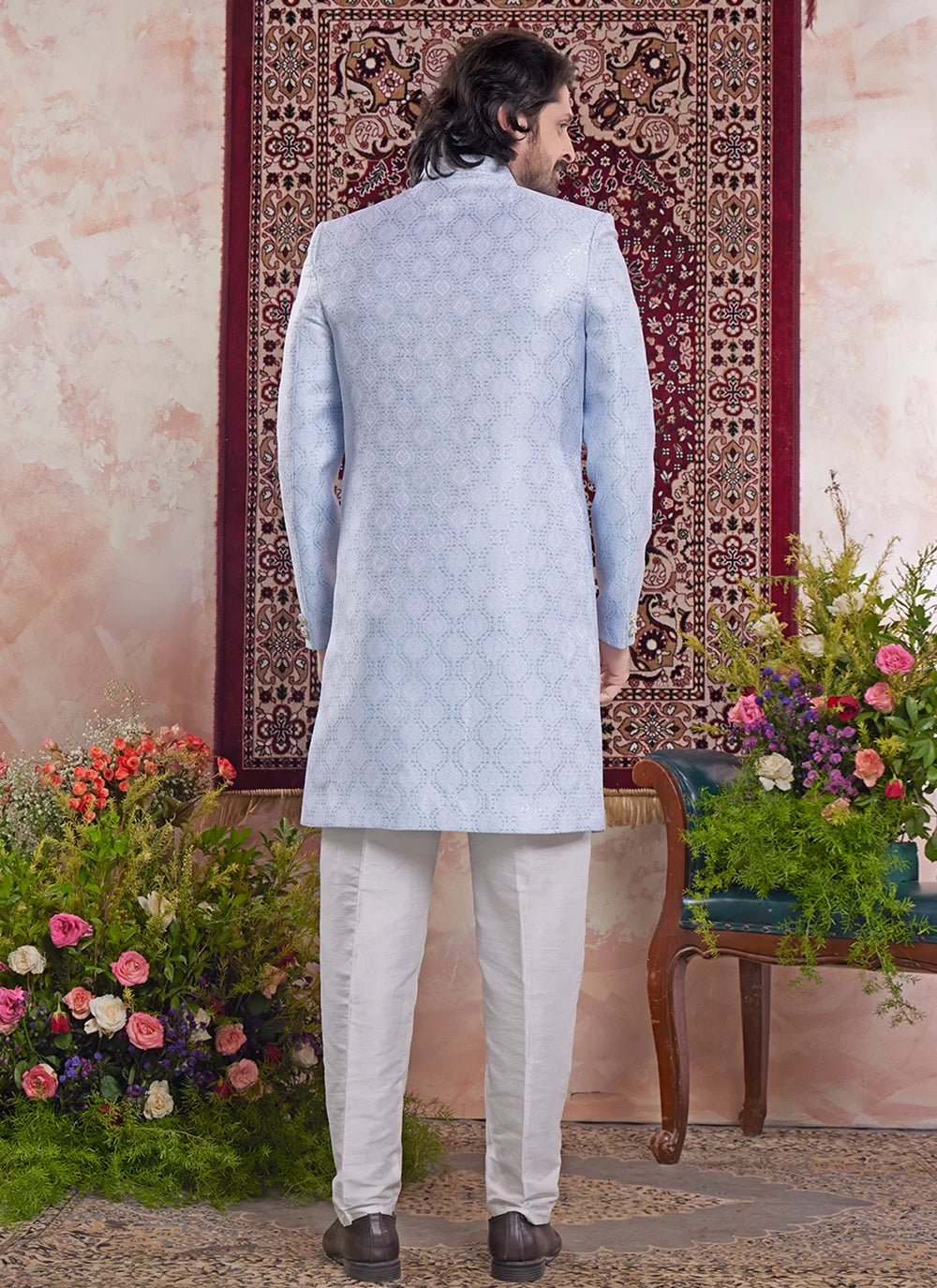 Raivat Ethnic Banarasi Jacquard Embroidery Indo Western Sherwani In Blue Colour