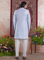 Raivat Ethnic Banarasi Jacquard Embroidery Indo Western Sherwani In Blue Colour