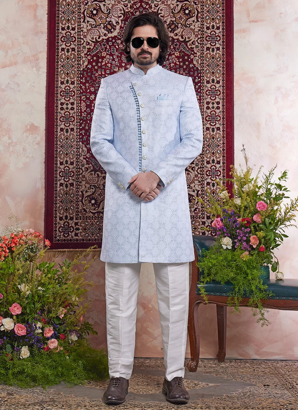 Raivat Ethnic Banarasi Jacquard Embroidery Indo Western Sherwani In Blue Colour