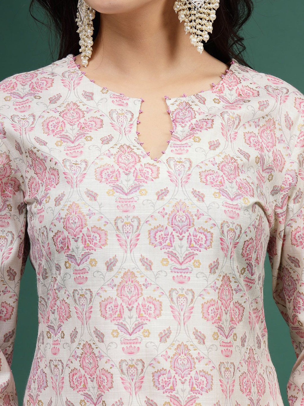 Sangria Floral Printed Cotton Notch Neck Straight Kurta