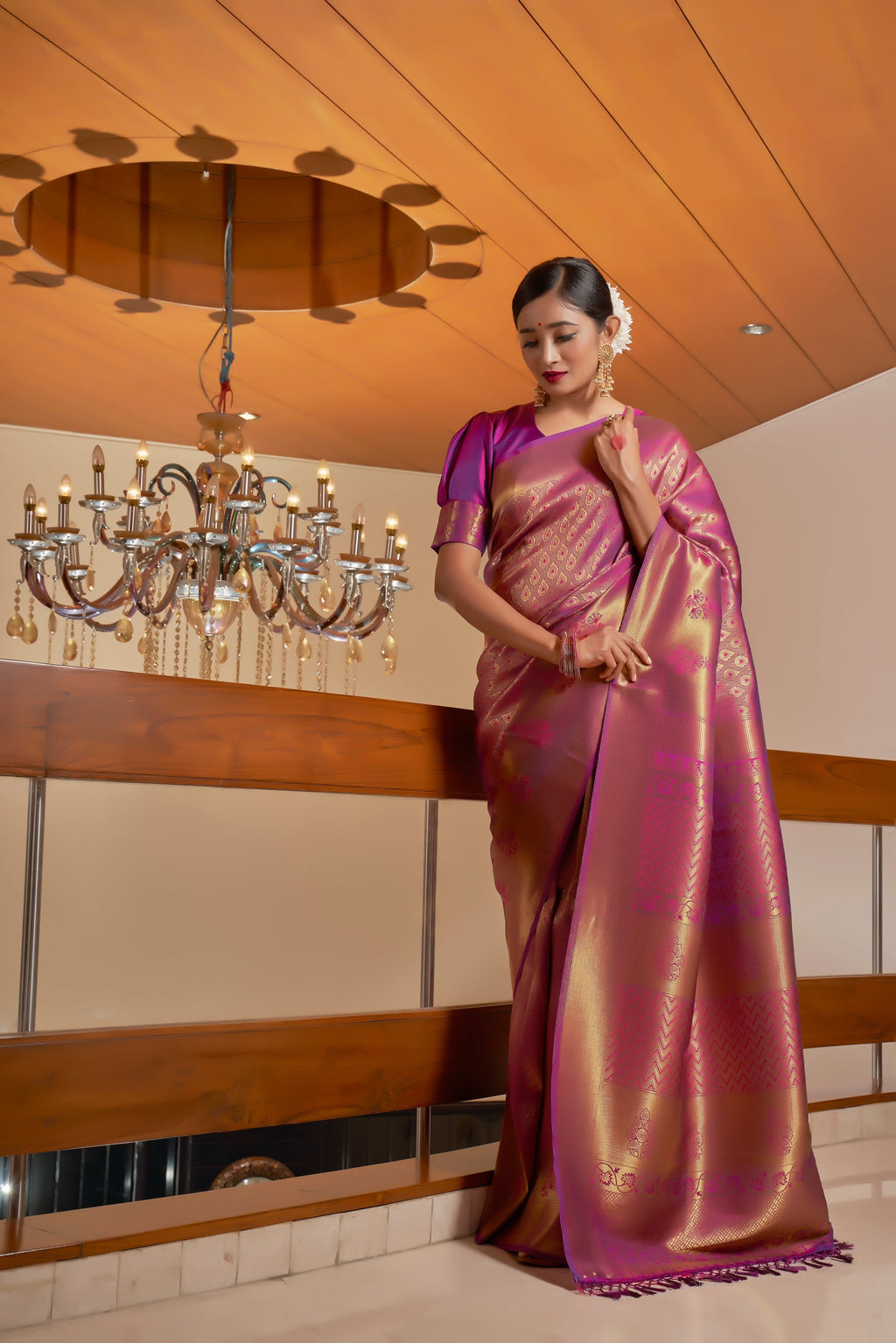 Vardha Mauve Wine Golden Zari Kanjeevaram Silk Saree