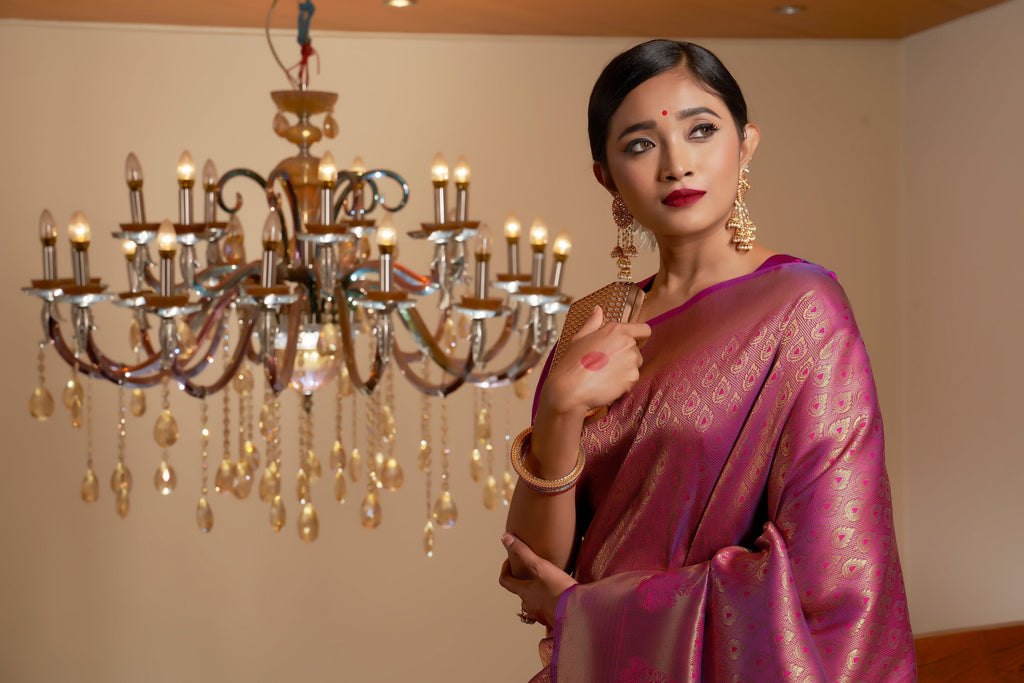 Vardha Mauve Wine Golden Zari Kanjeevaram Silk Saree
