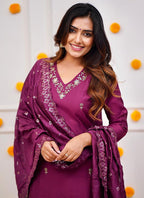 Vellora Roman Silk Magenta Festival Wear Sequins Work Readymade Straight Suit - Distacart